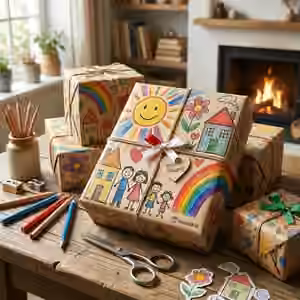 Kindertekeningen in het groot: Eén of twee tekeningen, groot afgedrukt.